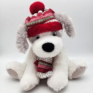 Hugfun St Jude Gray White Puppy Dog Plush 12" Red Hat Scarf Stuffed Animal Toy